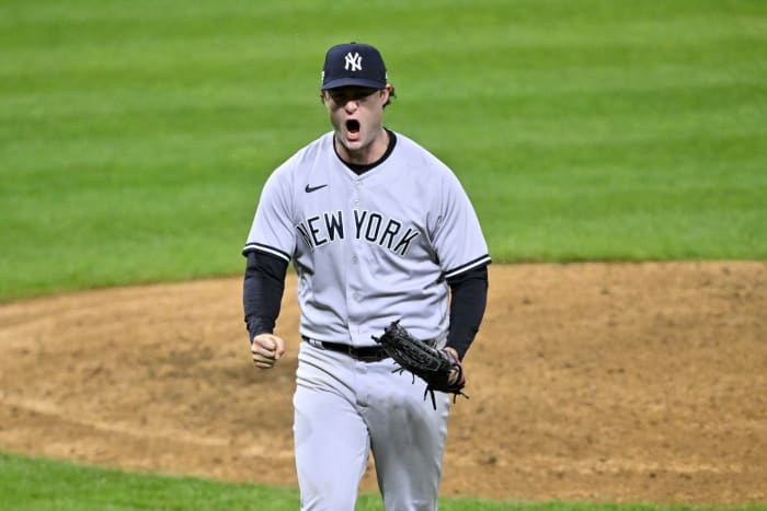 Gerrit Cole reacts after striking out a batter for the New York Yankees